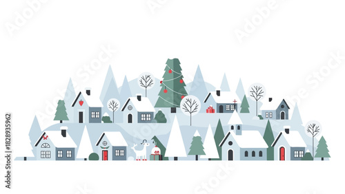 A snowy village scene with houses trees a church and a reindeer