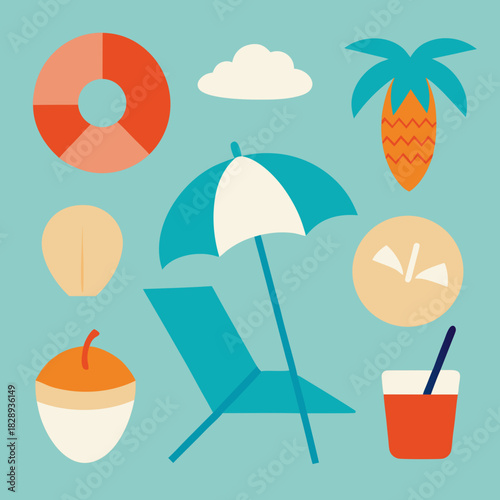 Bright summer vacation icons featuring beach essentials and tropical elements