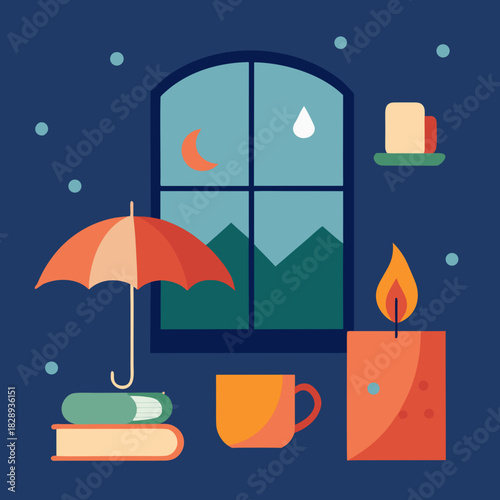 Cozy rainy night scene with books candle and umbrella by the window