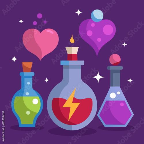 Magical potions and enchanted hearts with sparkling stars on purple background