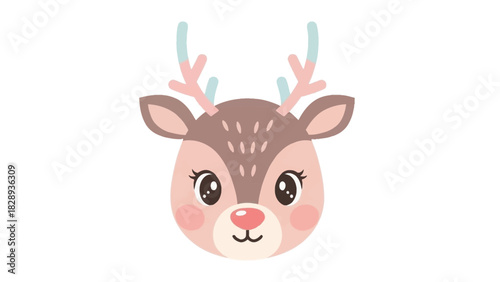 Cute reindeer head with pink cheeks and bluetipped antlers