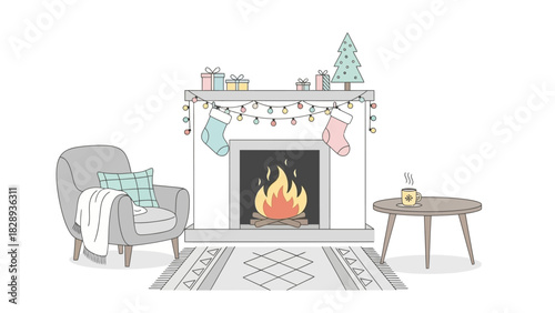 Cozy Christmas scene fireplace armchair  side table create a warm holiday setting