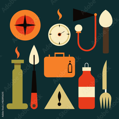 Collection of retro style icons representing travel and outdoor adventure gear