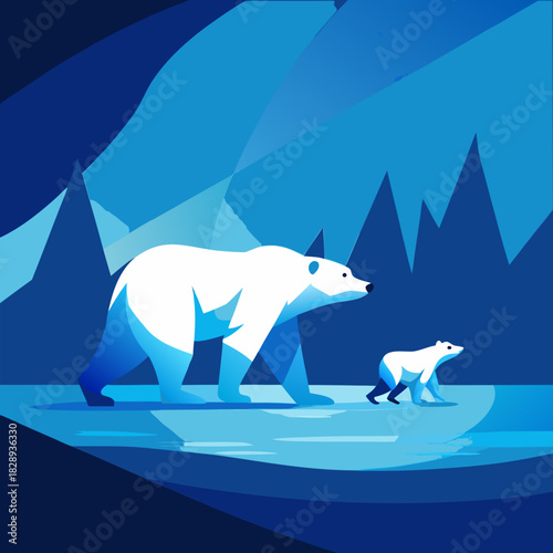 Majestic polar bears journey across icy arctic landscape under deep blue sky