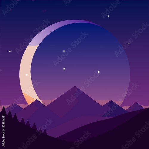 Vast crescent moon illuminates a purple mountainous night landscape