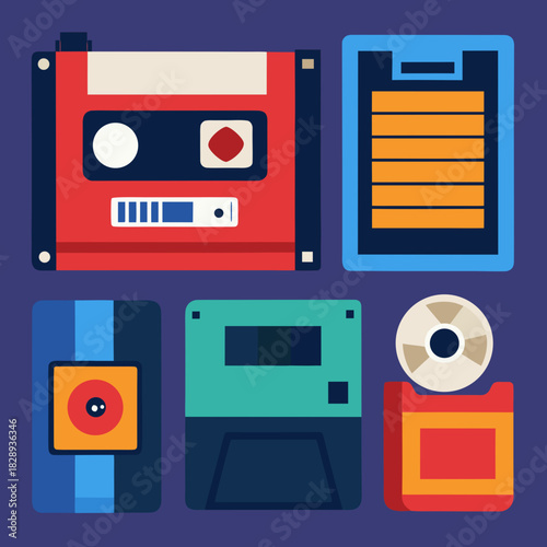 Collection of vintage digital storage media devices in flat design style