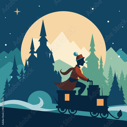 Whimsical winter night train journey through snowy mountains under a large moon