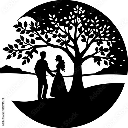 Couple holding hands under a tree silhouette with moon and stars