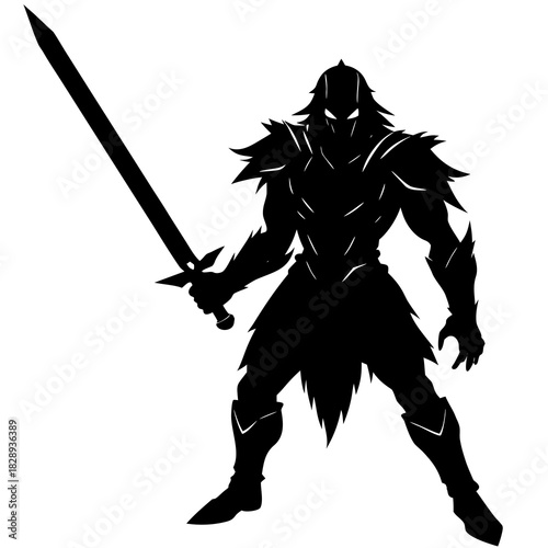 Fierce silhouette warrior with sword ready for battle on white background