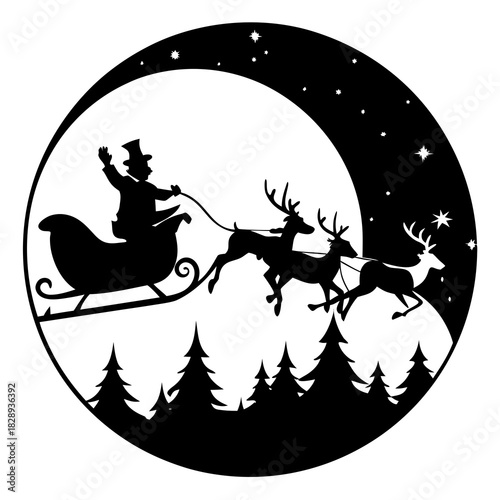 Silhouette of santa claus and reindeer flying across a crescent moon and starry night sky