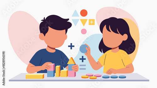 Flat Pastel Illustration of Children Learning Math with Concrete Objects in a Modern Classroom