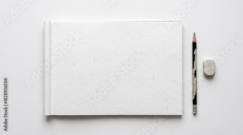 Top view of an open sketchbook with textured paper, an old black pencil, and a white eraser