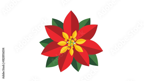 Poinsettia flower with red petals green leaves and yellow stamens on a white background