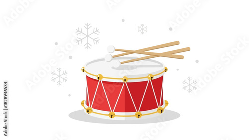 Red drum with white top gold accents drumsticks surrounded by snowflakes