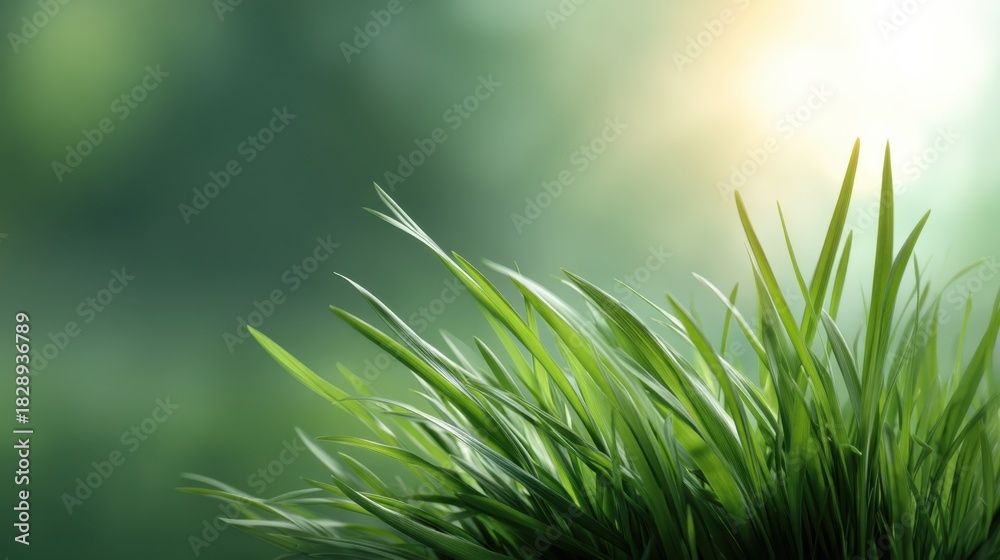 Obraz premium Lush Green Grass Blades Bathed in Soft Natural Light with a Gentle Bokeh Background for Tranquil and Peaceful Outdoor Scenes