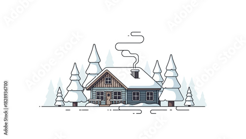 Snowy log cabin nestled among snowladen evergreen trees with rising smoke