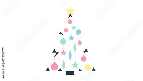 Stylized Christmas tree illustration made of geometric shapes and ornaments