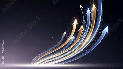 Dynamic gold and blue arrows soaring upwards convey business growth, positive trends, and financial success for marketing presentations and corporate reports