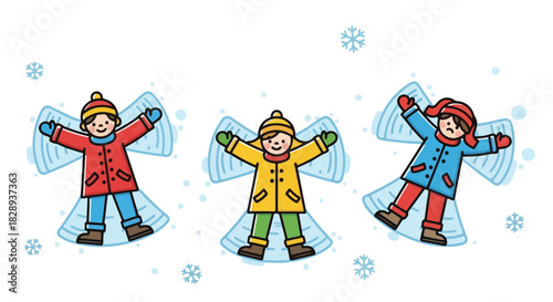 Children Enjoying Winter Fun Making Snow Angels in the Fresh Snow