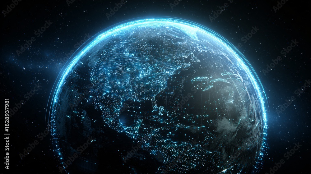 Obraz premium Digital rendering of a planet with glowing blue lights and dark background.