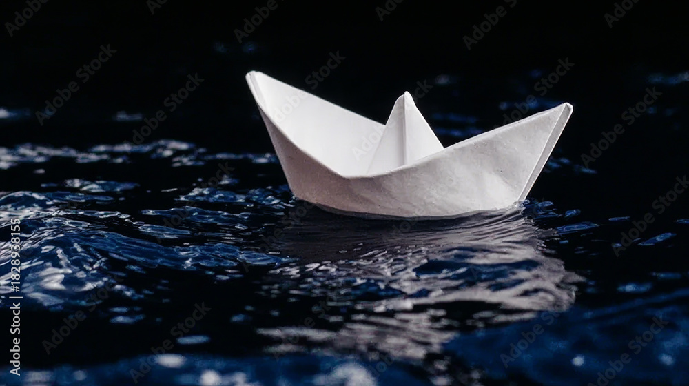 Obraz premium Paper boat floating on murky water, recalling memories of youth, delicate aspirations, tranquil journey, wistful reverie, and optimistic exploration