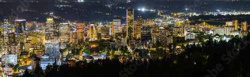 A Panoramic Night View of Portland Skyscrapers and Illuminated City