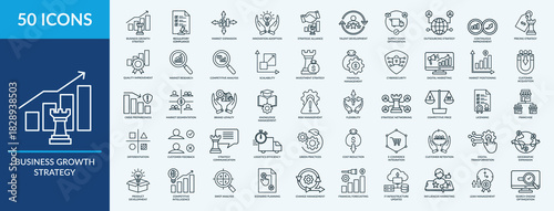 Business growth strategy icon set. Containing market expansion, continuous improvement, pricing strategy, risk management, quality improvement, market research and more. Outline vector icons collectio