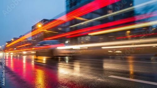 Dynamic light streaks illuminate a city street at night, reflecting in the wet pavement creating a modern urban atmosphere of movement and energy