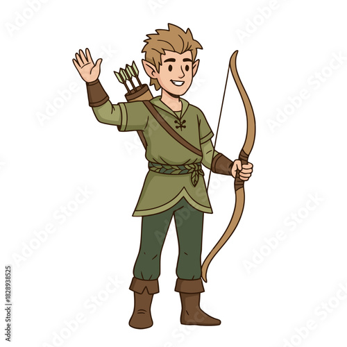 Whimsical Cartoon Elf Archer Waving Hello Holding Wooden Bow and Quiver of Arrows Green Tunic and Trousers Fantasy Character Illustration Against Black Background