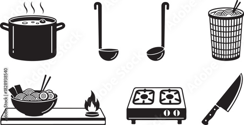 Collection of Black and White Icons Representing Cooking and Food Preparation
