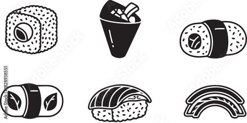 Collection of six stylized black and white sushi icons
