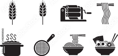 Food Icons: Wheat, Pasta Maker, Noodles, Cooking Pot, Strainer, and Ramen Bowl
