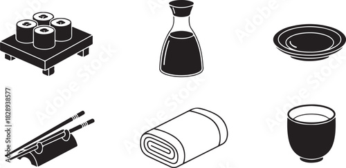 Japanese Food Icons: Sushi, Soy Sauce, Chopsticks, and Tea Set