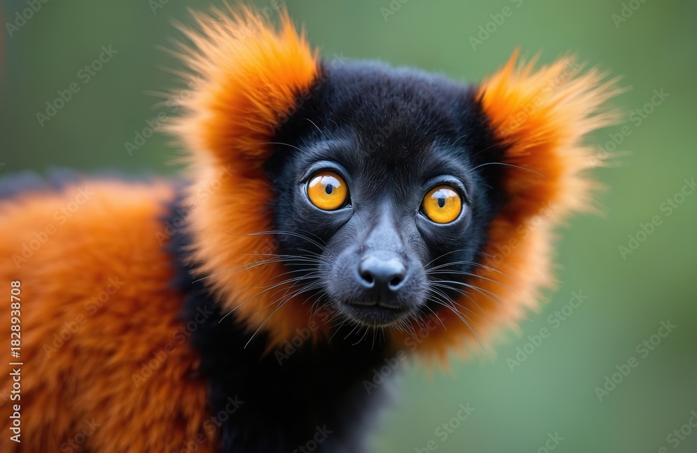 Obraz premium Closeup of red ruffed lemur face. Monkey has orange fur and expressive amber eyes. Wild animal looks directly at camera against blurred green background. Primate observes cautiously.