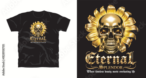 Skull in golden flower t-shirt design with eternal splendor text