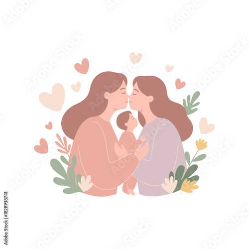 Two Women Embrace With Infant Between Them Surrounded By Hearts And Greenery Soft Pastel Colors Gentle Affectionate Moment Tender Family Love Portrait