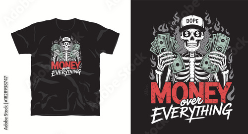 Money over everything skeleton t-shirt design with dollar bills