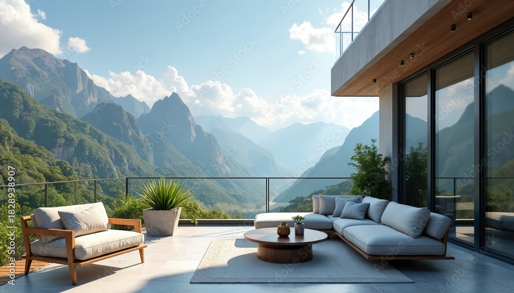 Obraz premium Modern balcony with comfortable seating overlooking majestic mountains on sunny day. Terrace adorned with furniture, plants, glass railing. Scenic landscape with green hills, peaks, blue sky, clouds.