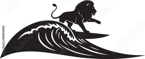 Majestic lion surfing on a powerful wave