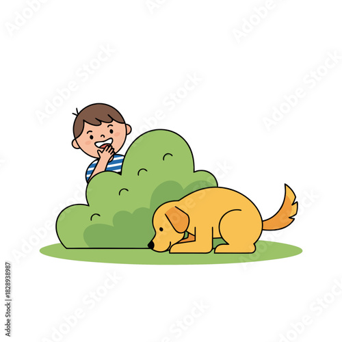 Vector art of a young boy playing hide and seek with his golden retriever dog in a park during the day with green bushes and grass under a clear sky
