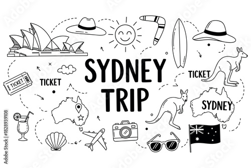 Sydney trip travel icons: opera house, kangaroo, boomerang, surfboard, australian map