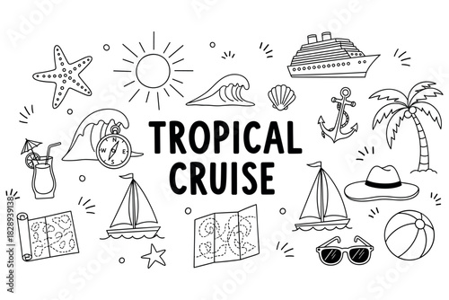 Monochrome tropical cruise doodles with ship, palm, and sailboats