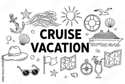 Cruise vacation elements: anchors, waves, ships, and maps in black and white