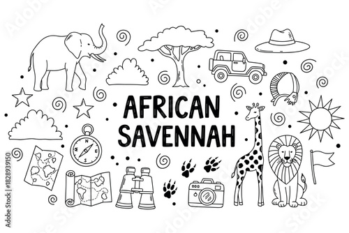 African savannah doodle with animals and safari elements