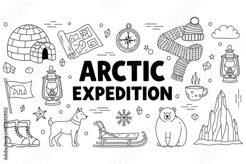 Arctic expedition adventure with igloo, polar bear, and sled in black and white illustration