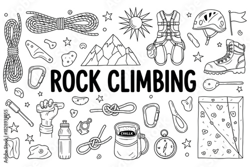 Rock climbing essentials: gear, climbing tools, and safety equipment illustration