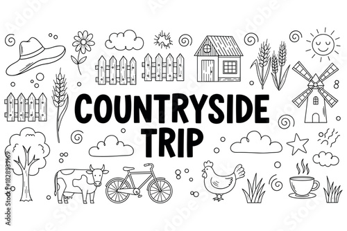 Countryside trip: rustic illustrations of nature, farm life, and outdoor activities