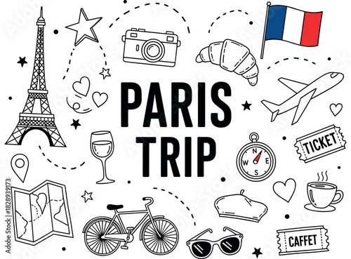 Paris travel icons with eiffel tower, croissant, french flag, and more
