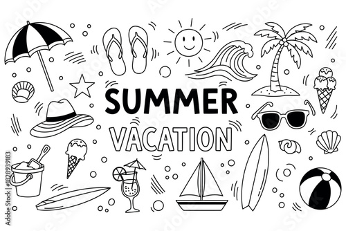 Black and white summer vacation doodles with beach icons and holiday symbols