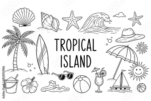 Tropical island doodle art with waves, palm trees, and beach icons